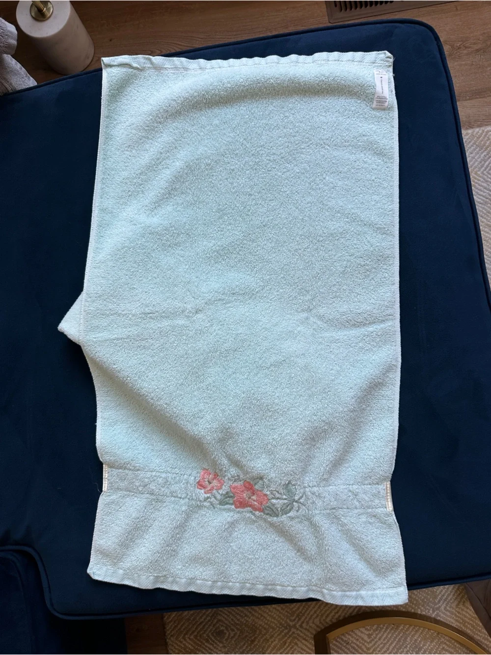 Vintage water works light blue hand towels with satin coral pink flower border